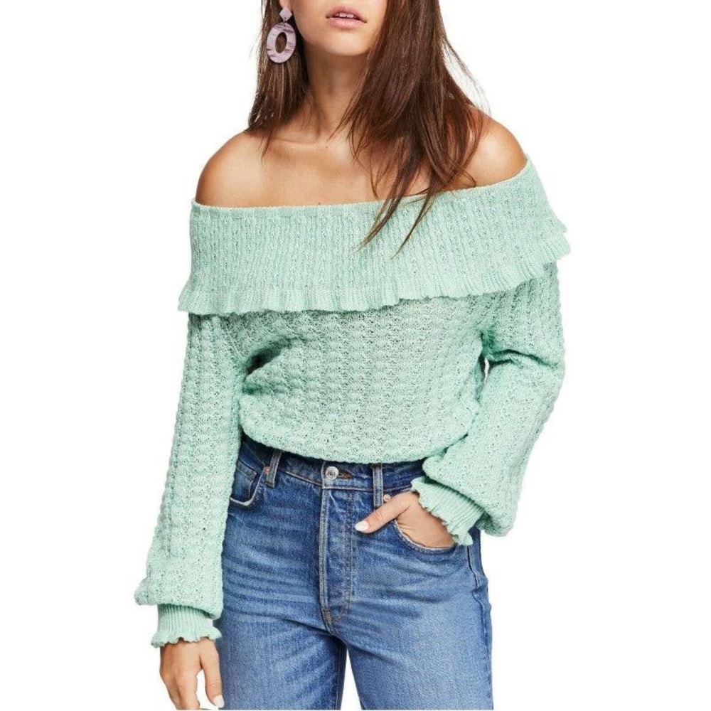 Free People Crochet Boho Ruffled Sweater Crazy In Love Knit Sweater Mint Size L